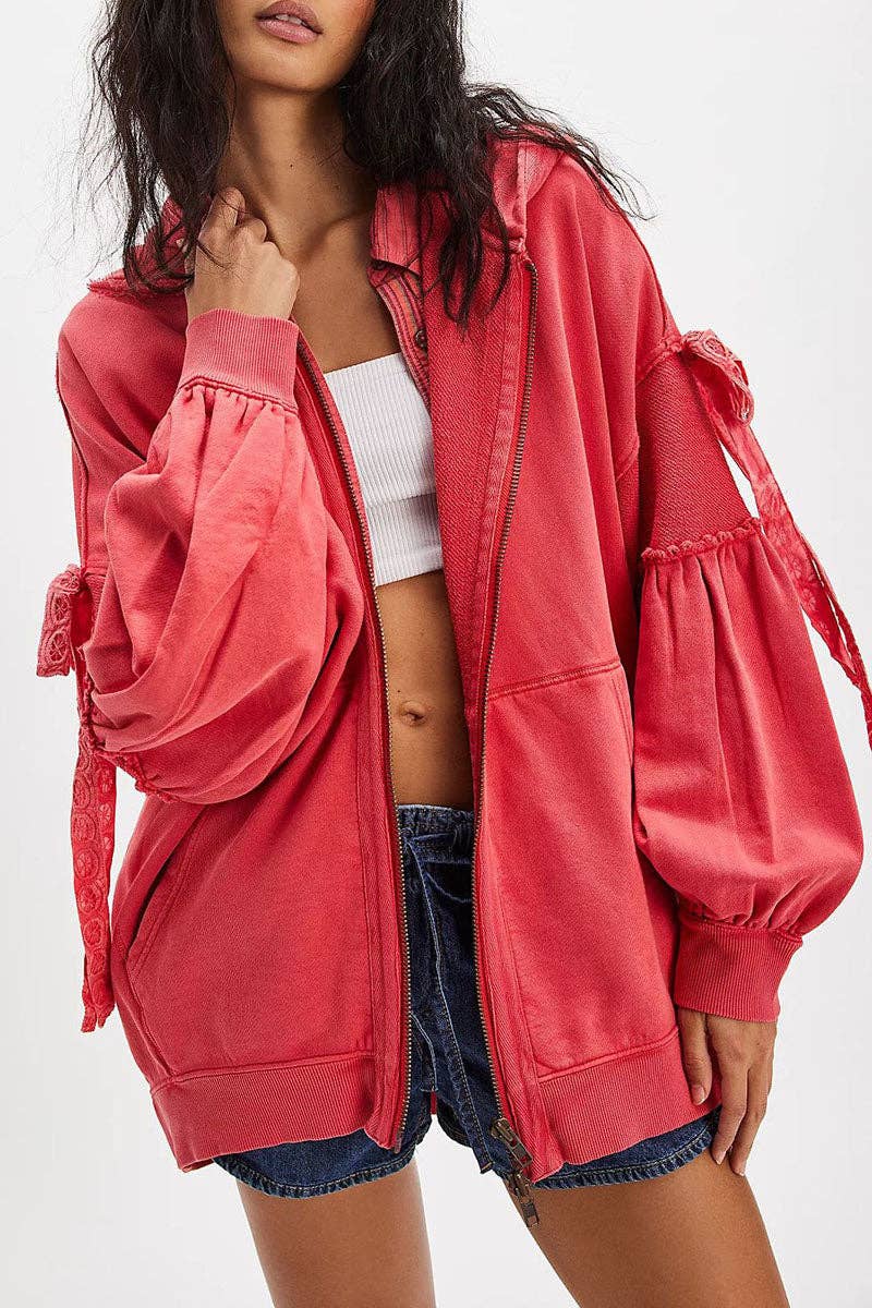 Mccolin - Tie-Sleeve Puff Zip-Up Hoodie