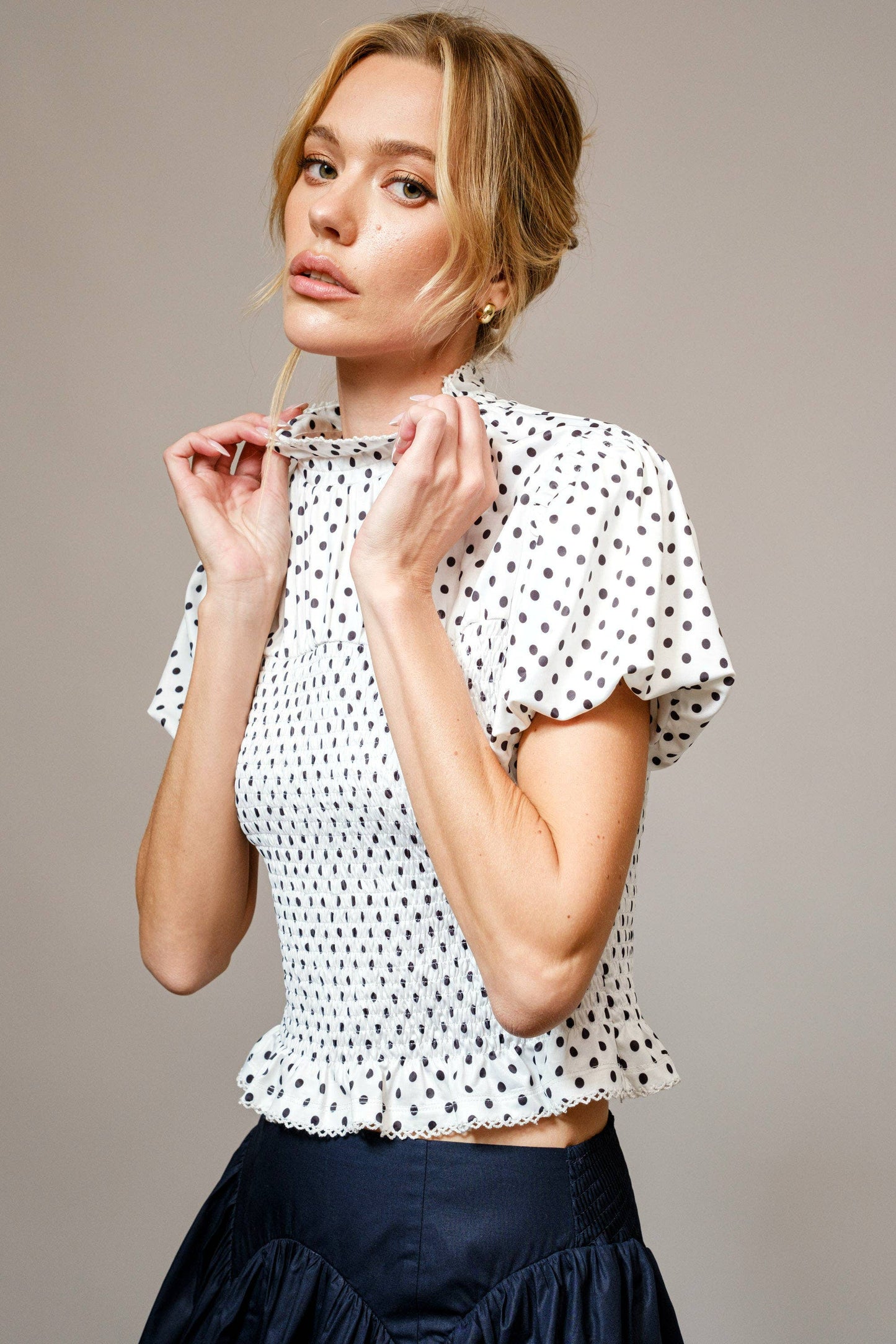 Polka Dot Smocked Mock Neck Top