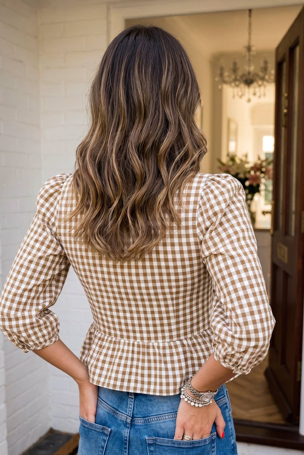 Plaid Smocked Bubble Sleeve Casual Blouse