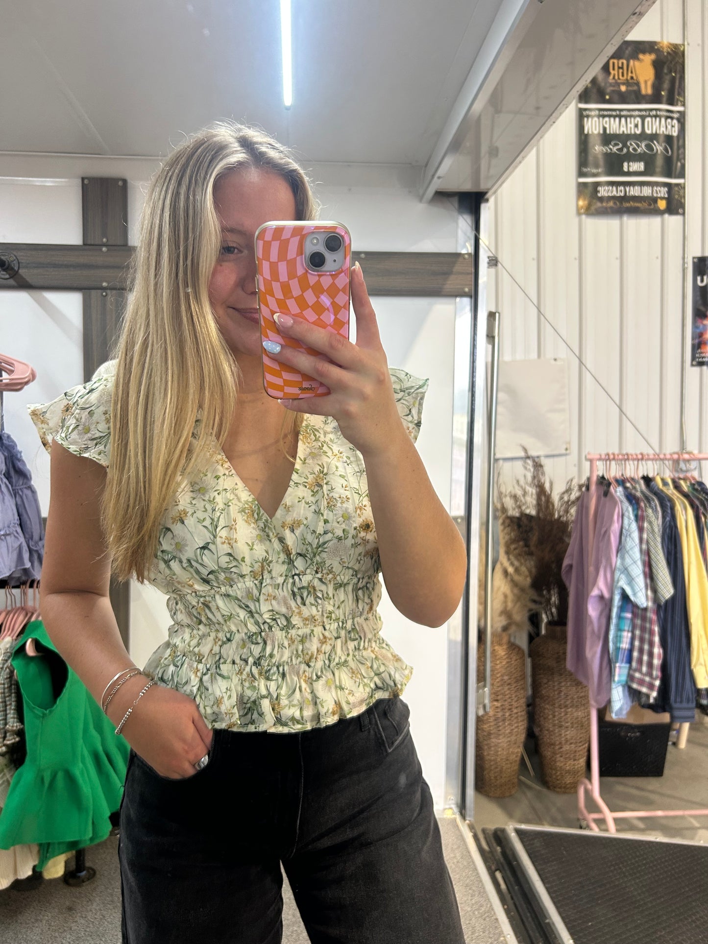 Woven Tencel Nylon Floral Print V-Neck Ruffle Top
