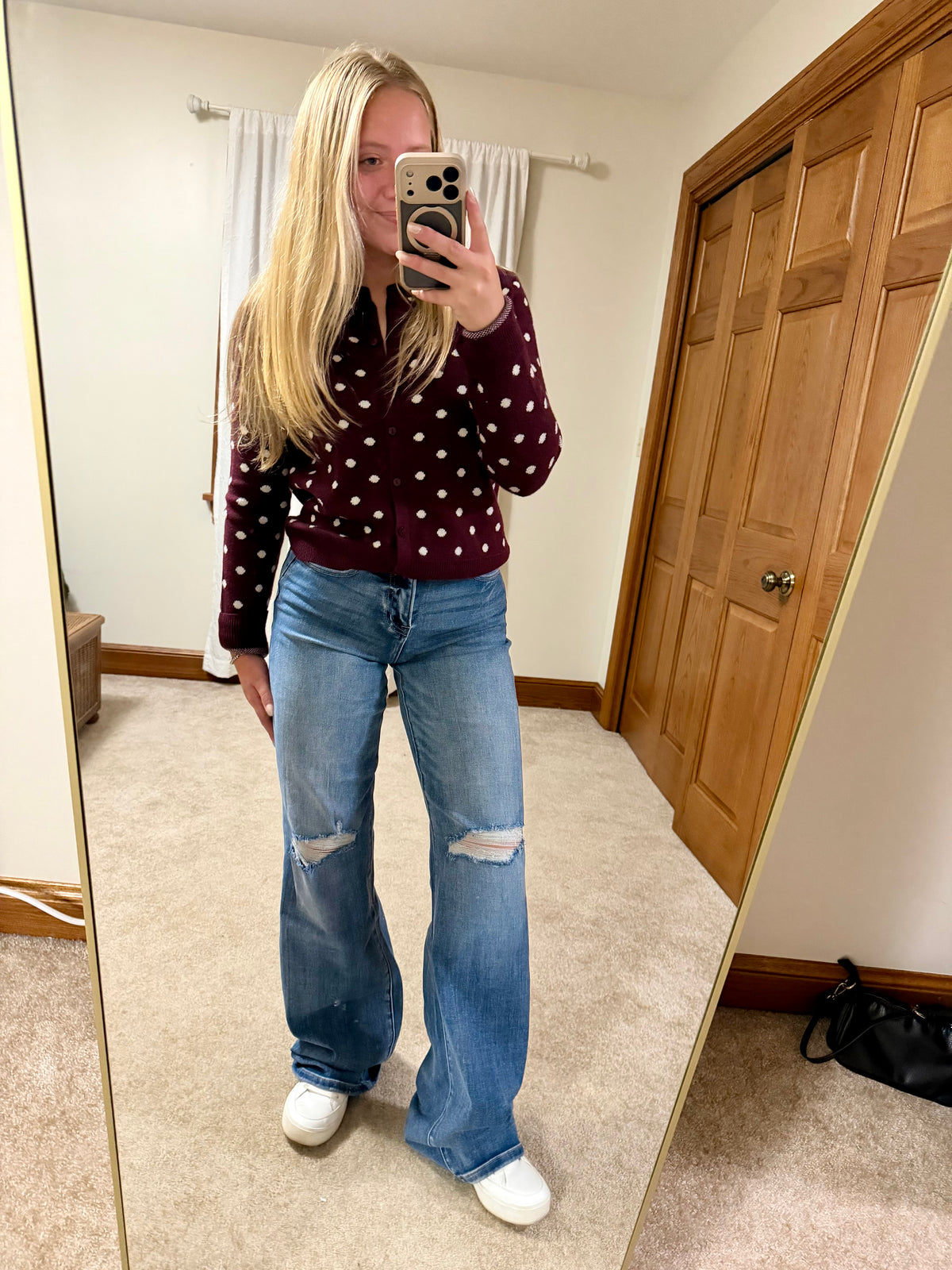 Dark Cherry Polka Dot Cardigan