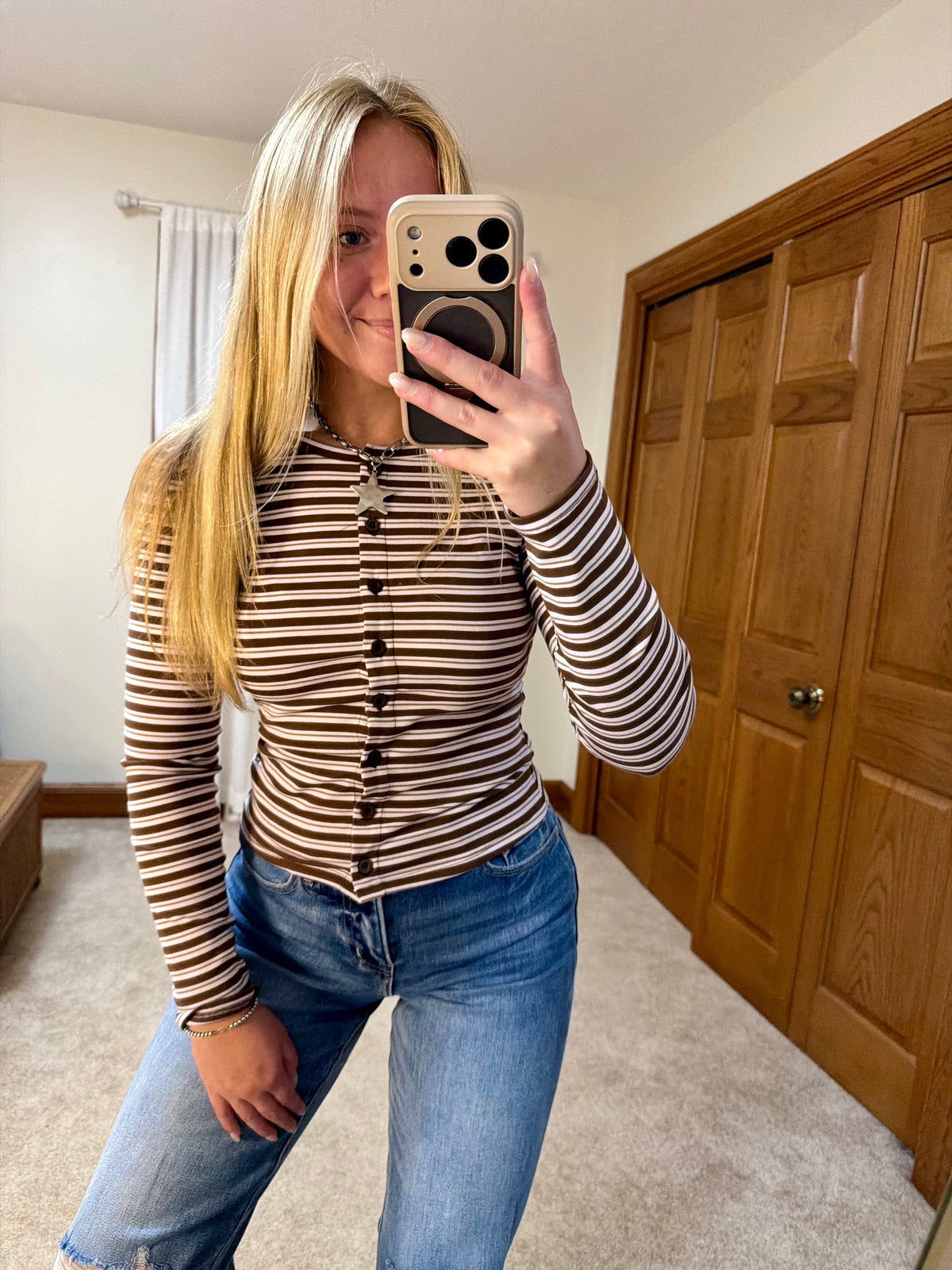 BUTTON DOWN CREW NECK STRIPED LONG SLEEVE KNIT TOP