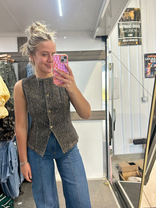 Leopard Print Button-Front Sleeveless Slim Denim Vest