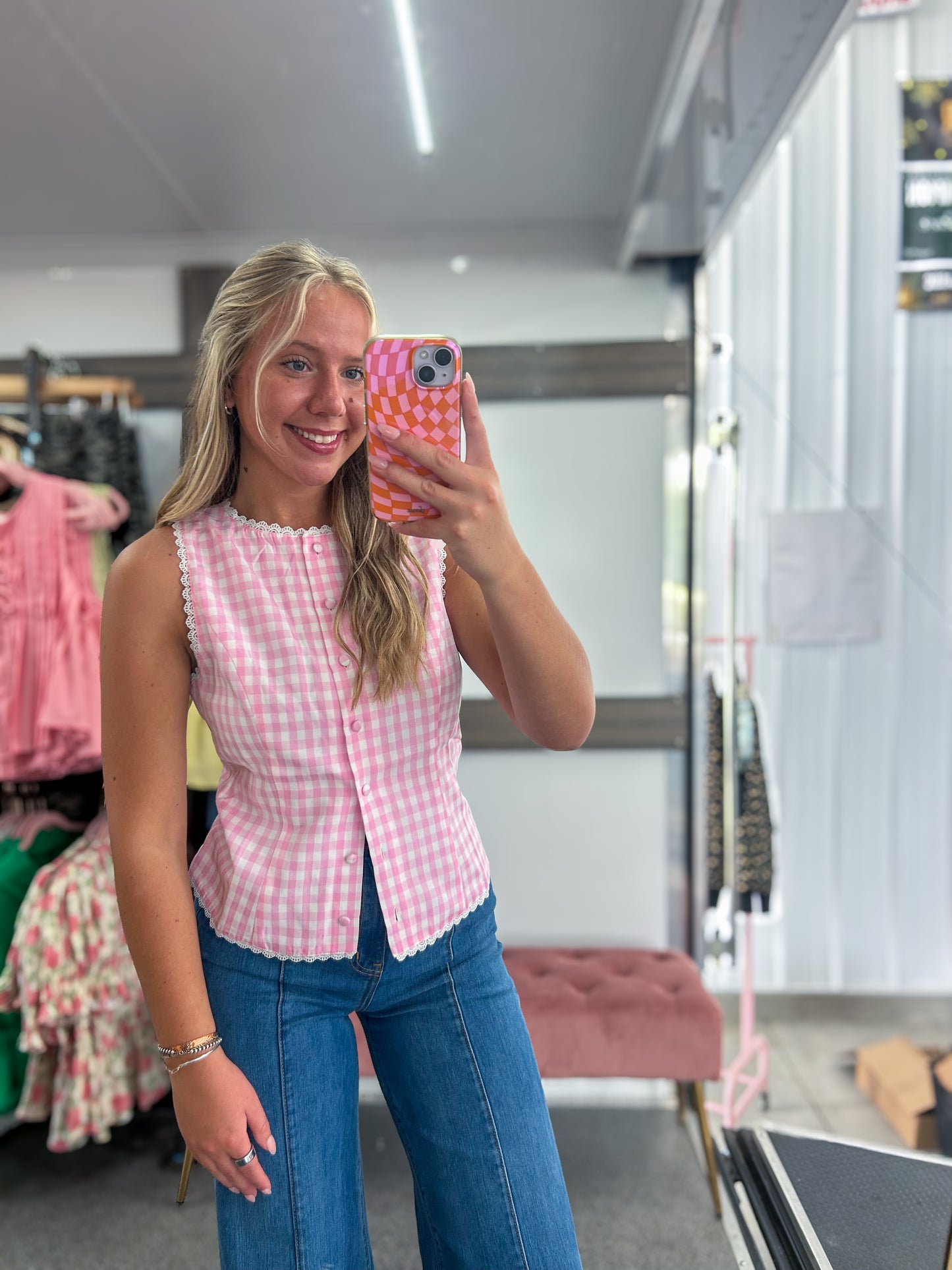 GINGHAM LACE TRIM BUTTON DOWN VEST TOP