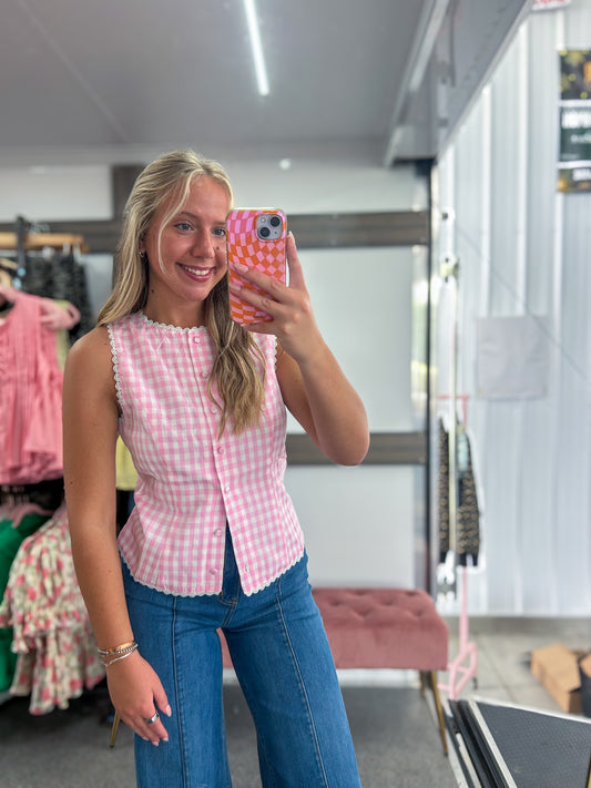 GINGHAM LACE TRIM BUTTON DOWN VEST TOP