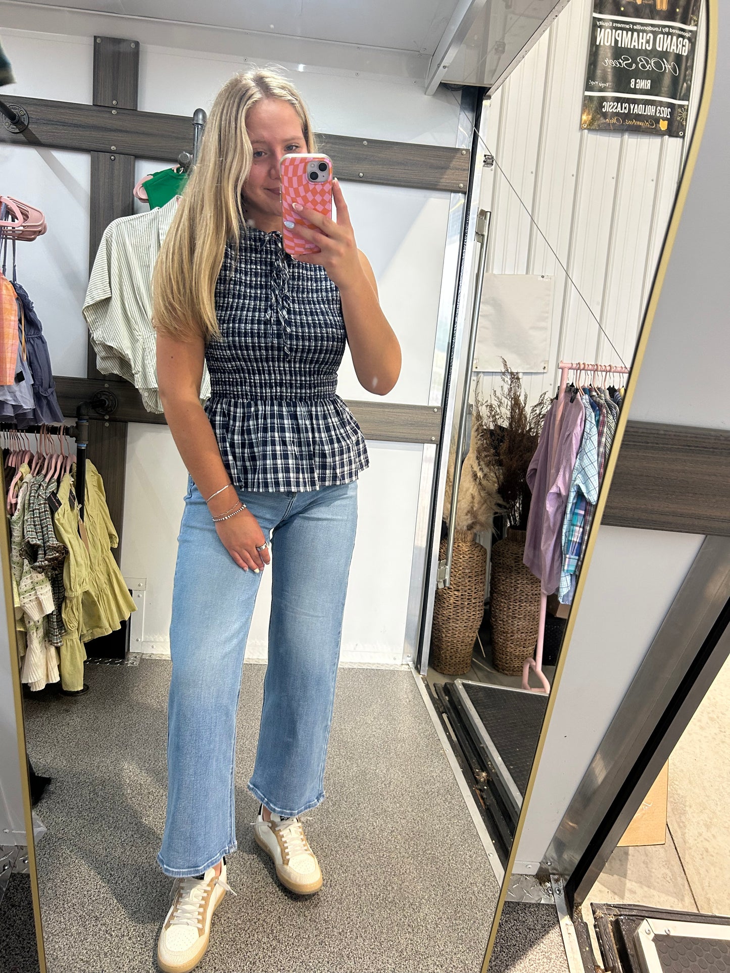 GINGHAM PRINTED SLEEVELESS PEPLUM TIE DETAIL SOCKED TOP