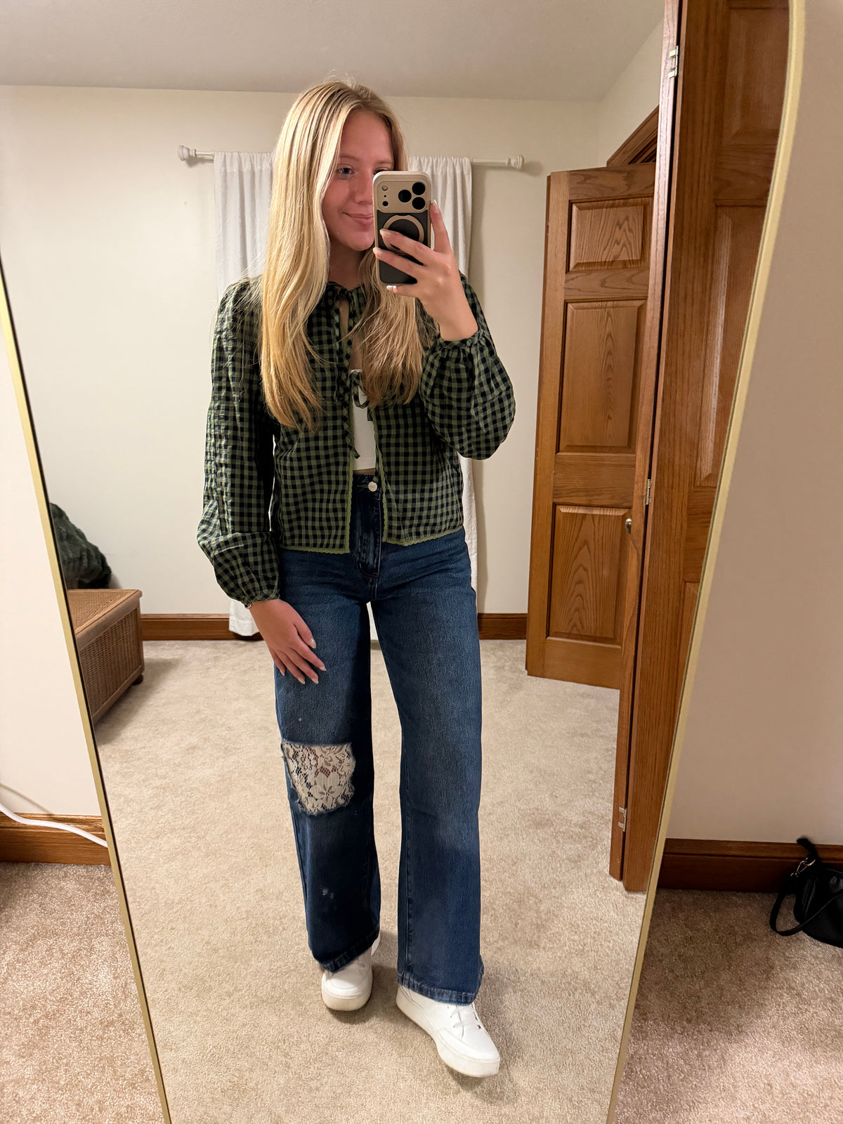 GINGHAM TIE-FRONT CROCHET LACE BLOUSE