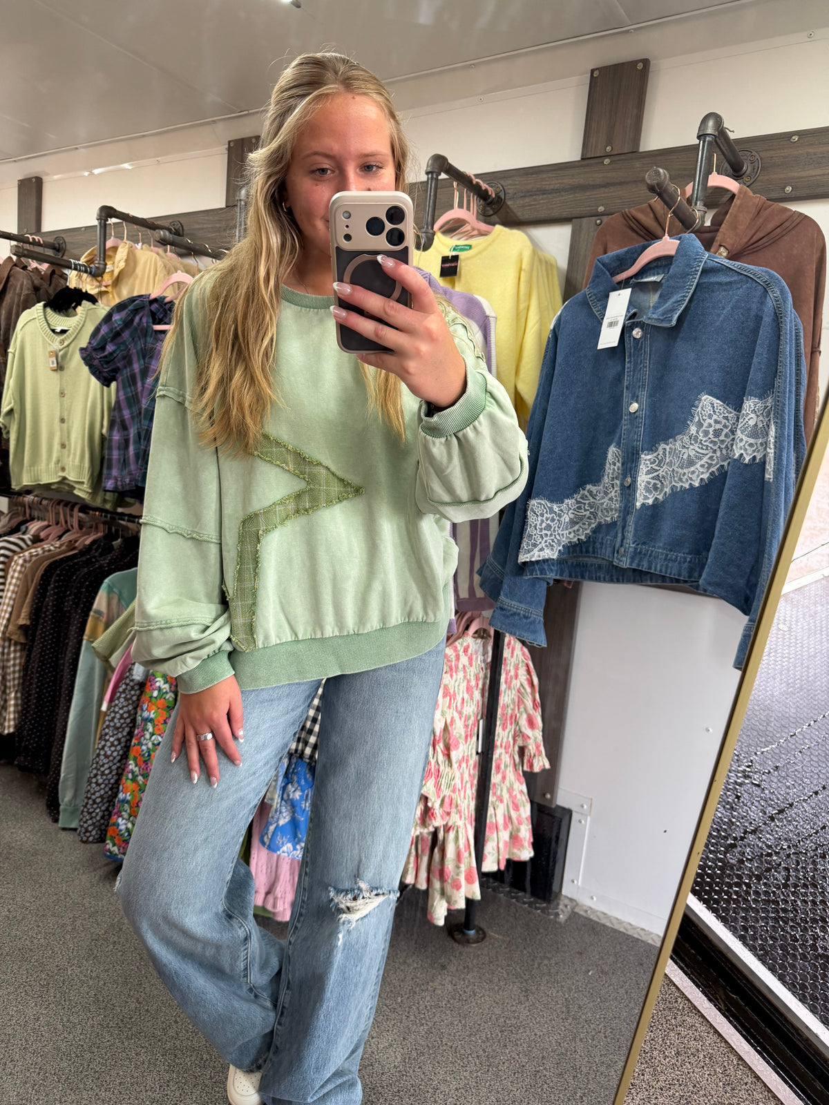 Star Patchwork Mineral Wash Long Sleeve Sweatshirt