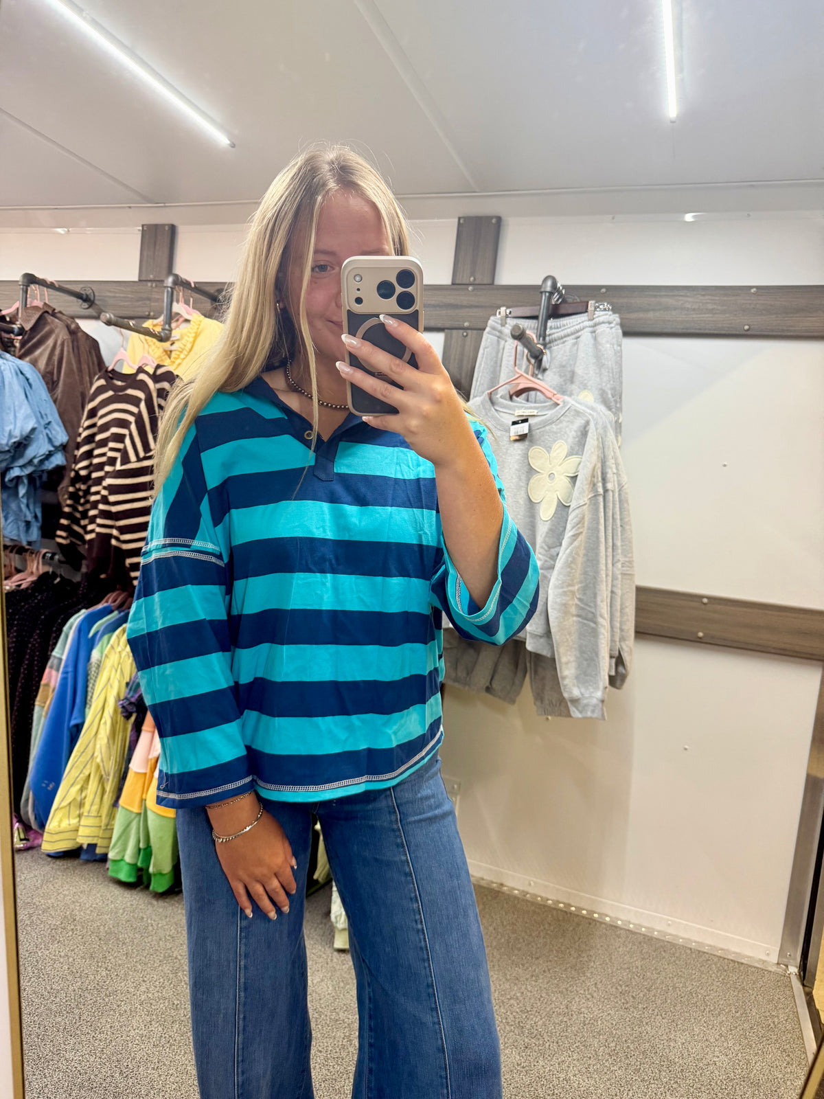 Striped Patchwork Collar Half Button Blouse