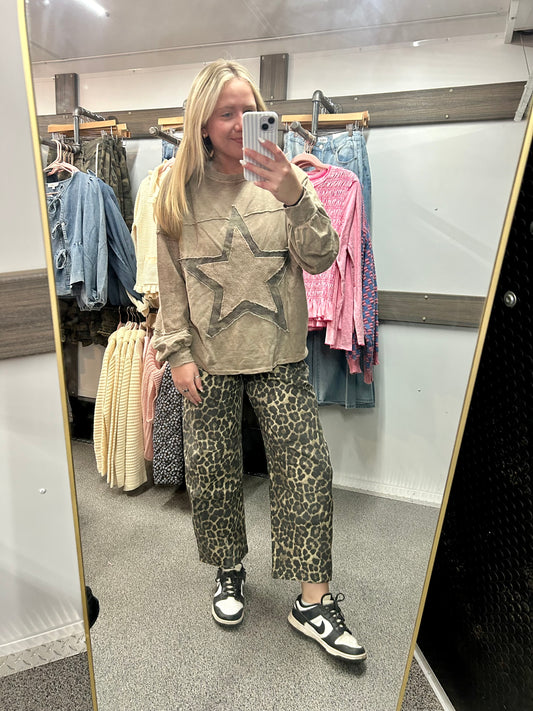 Leopard Denim Mid Rise Barrel Pants