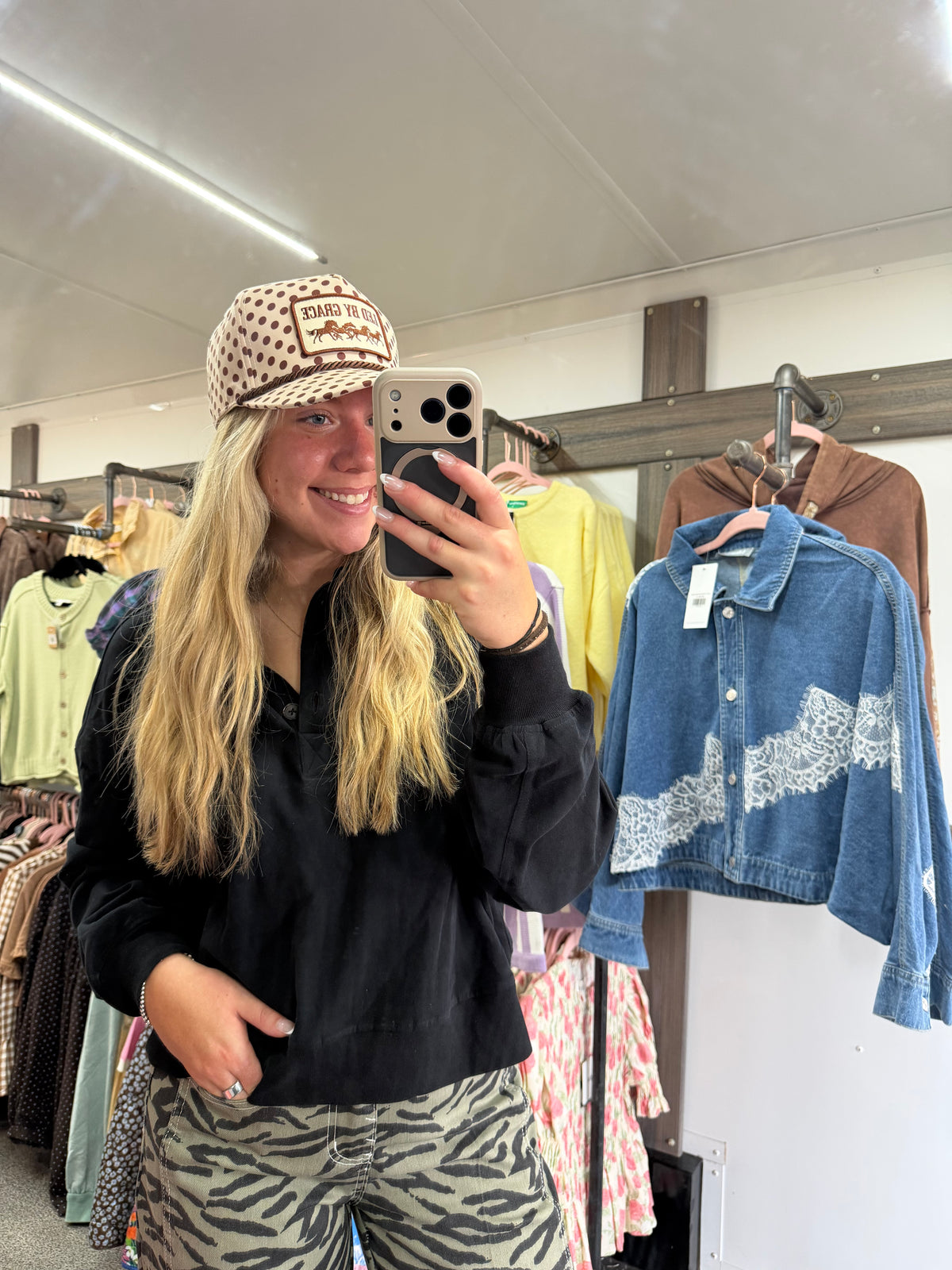Led By Grace Cream & Brown Polka Dot Patch Hat