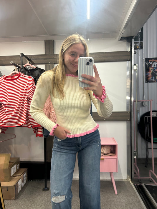 Ruffle Edge Ribbed Sweater Knit Top