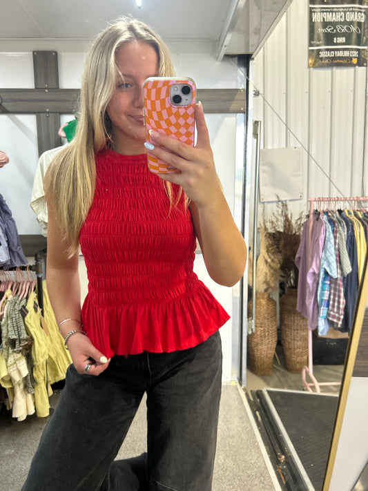 Smocked Sleeveless Peplum Top