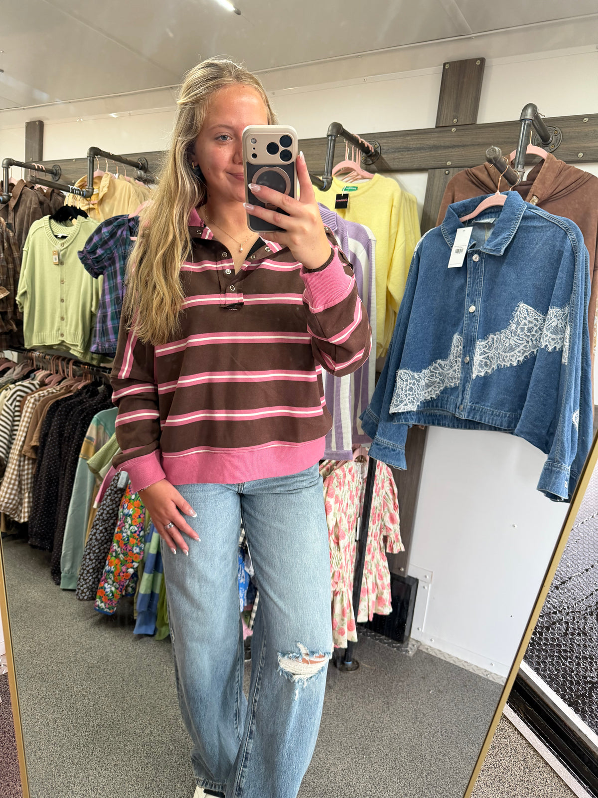 STRIPED CONTRAST SNAP COLLAR LONG SLEEVE PULLOVER