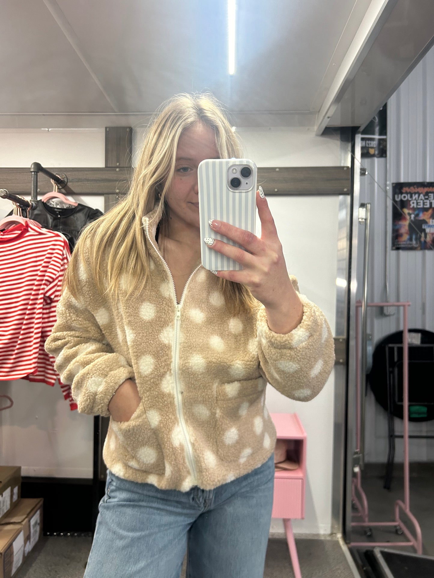 Polka Dot High Collar Front Zip Sherpa Jacket