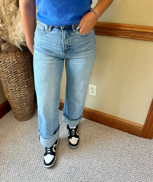 Super High Rise Wide Leg Cuffed Denim Jeans- Mica Denim