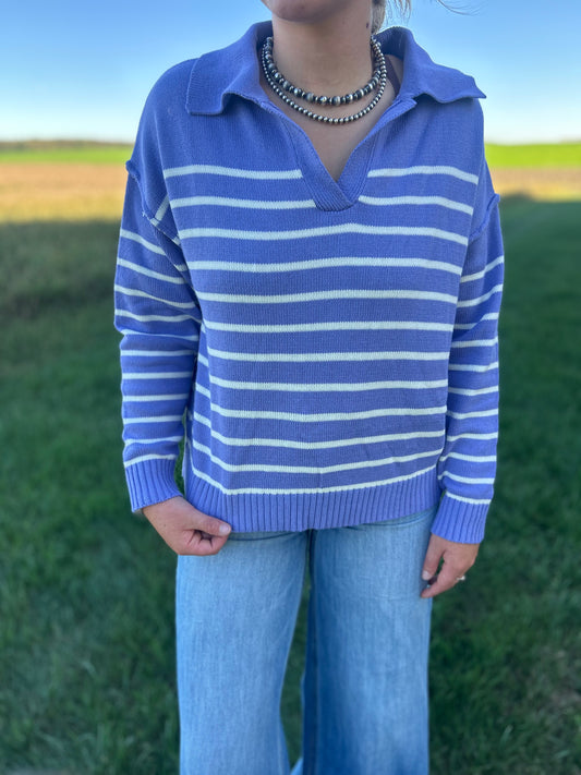 Ivory Striped V-Neck Sweater