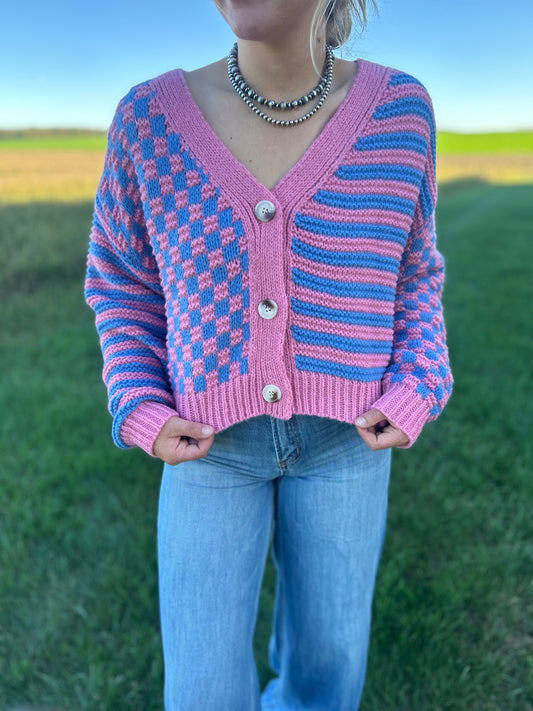 Checkered Stripe Cardigan Sweater
