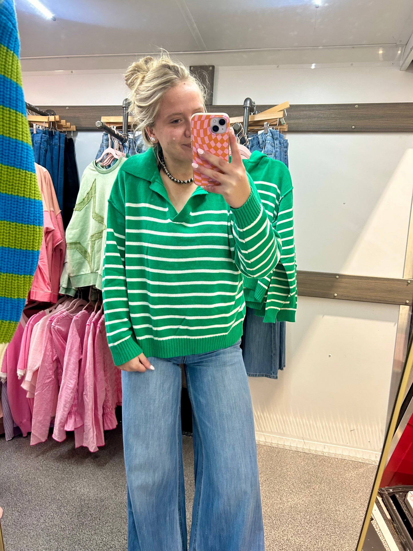 Green V-Neck Striped Sweater