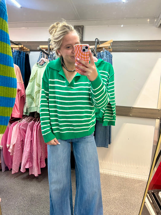 Green V-Neck Striped Sweater