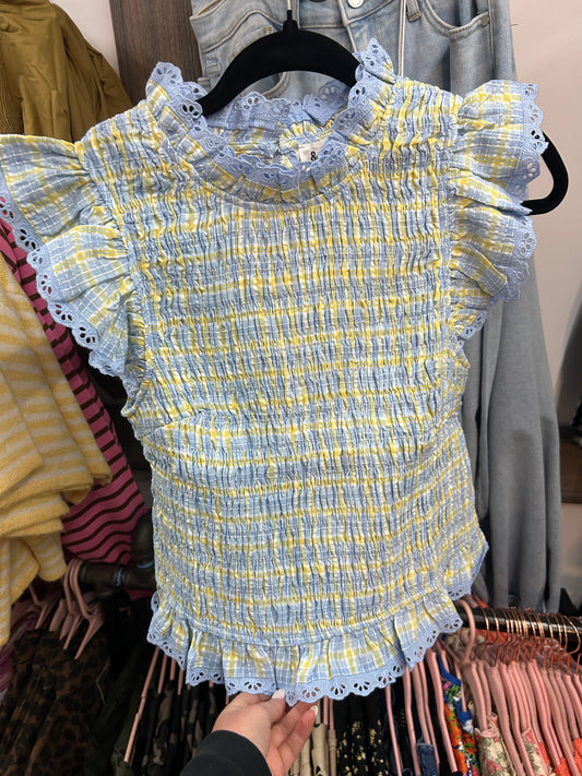 PLAID SMOCKED LACE TRIM TOP BLUE MULTI CHECKER
