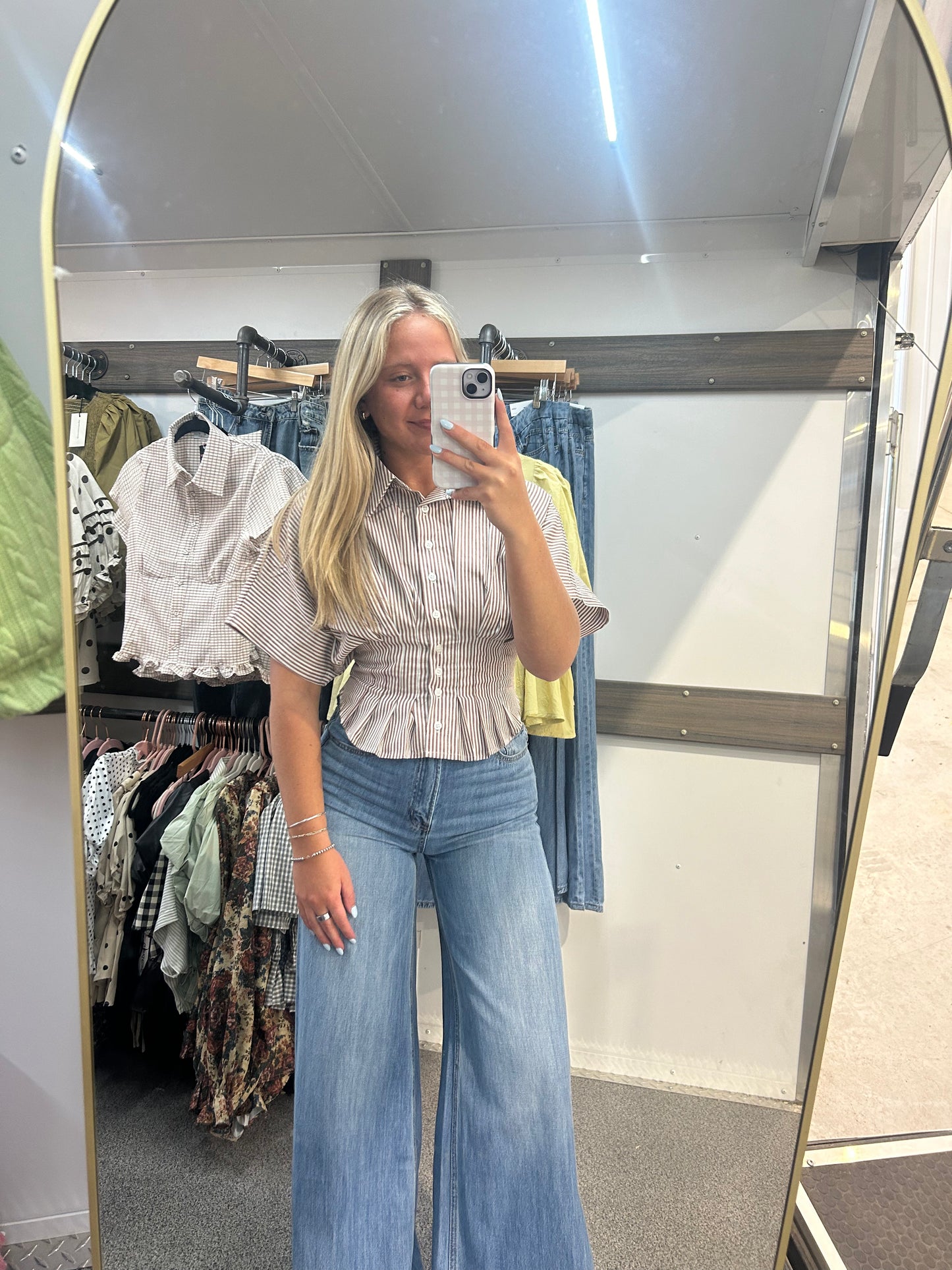 STRIPE BUTTON FRONT SHIRTS WITH PLEATED WAIST DETAIL