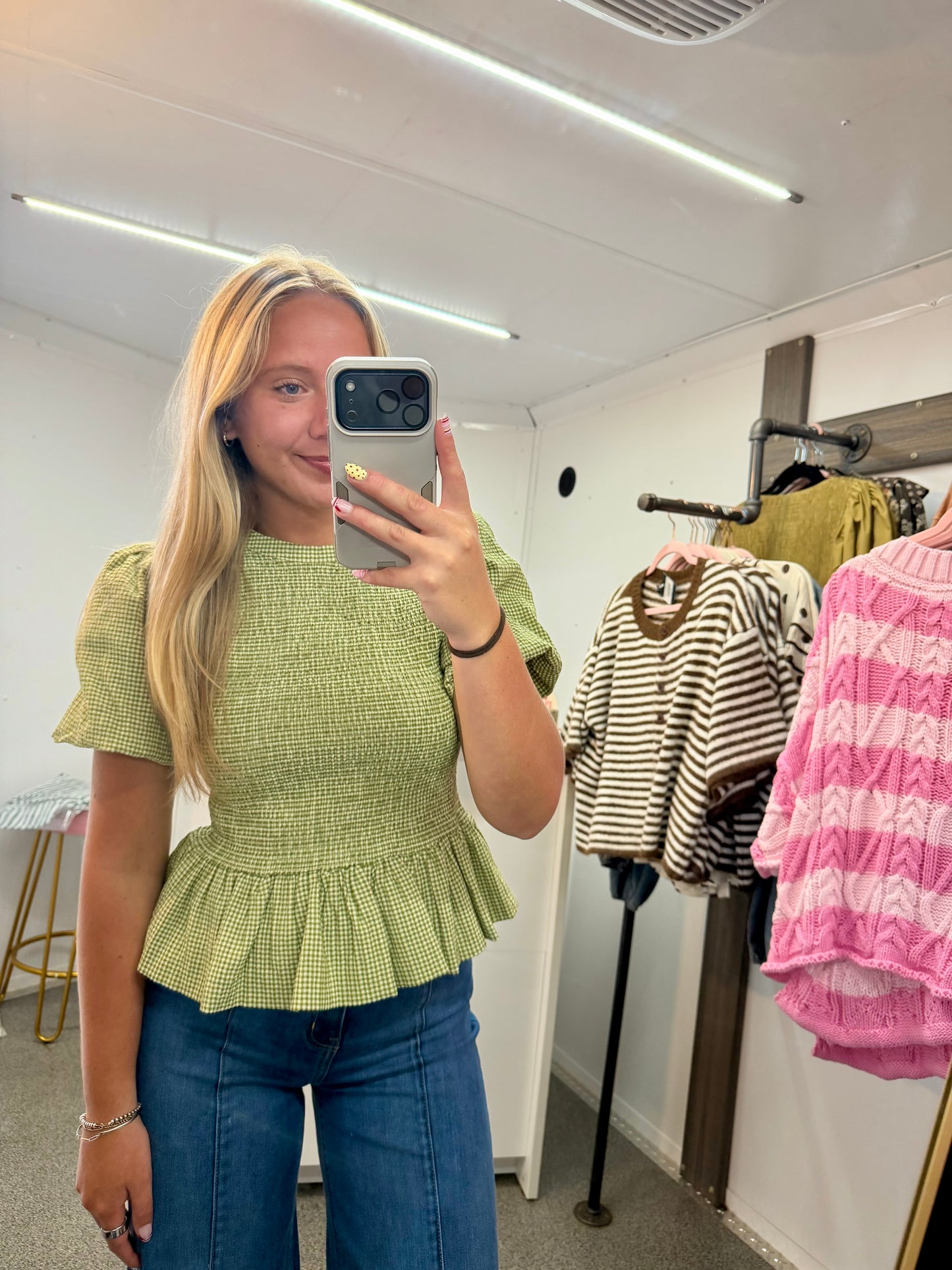 Smocked Gingham Ruffle Top