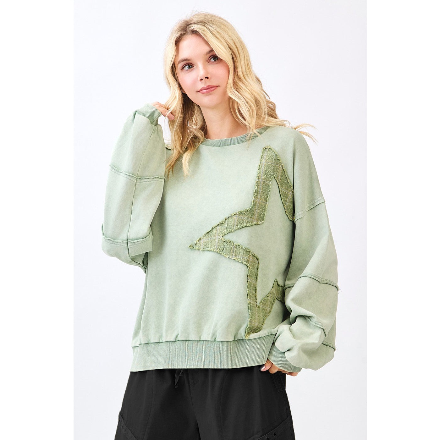Star Patchwork Mineral Wash Long Sleeve Sweatshirt