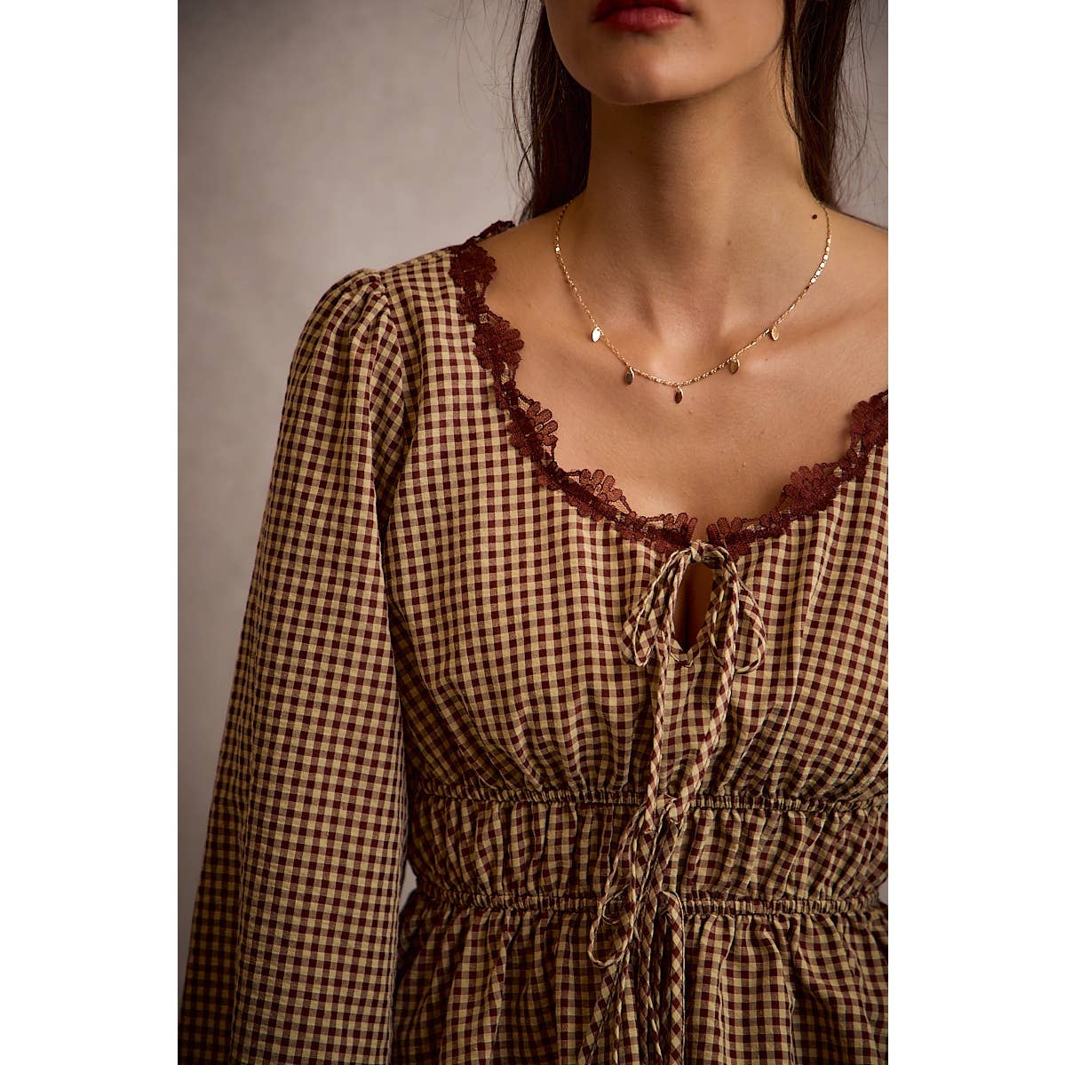 GINGHAM CHECK LACE TRIM RUCHED BODICE BLOUSE TOP