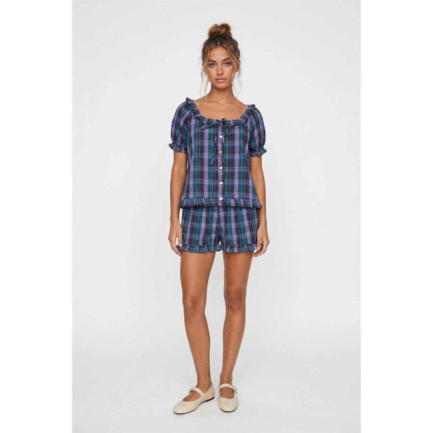 Twentifourth - TF26-0279T - Plaid ruffle sleeve button up blouse