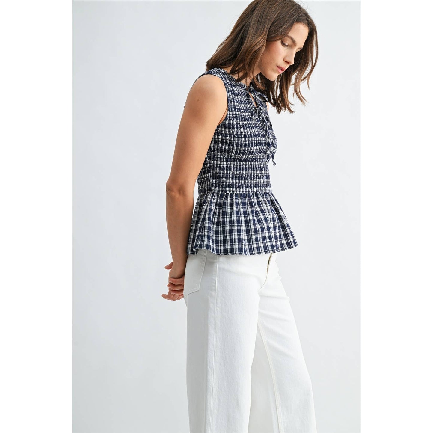 FUN2FUN - GINGHAM PRINTED SLEEVELESS PEPLUM TIE DETAIL SOCKED TOP