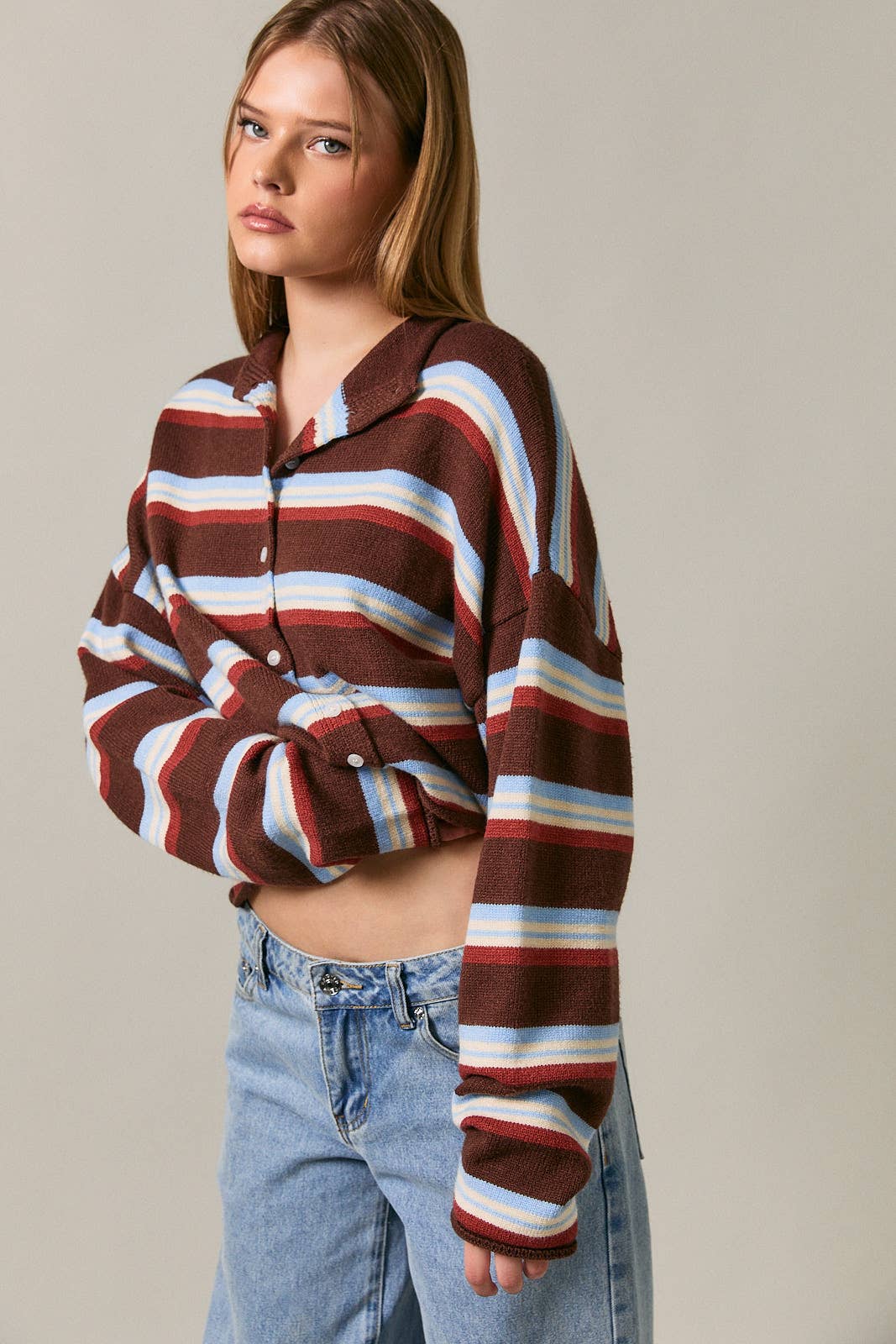 LE LIS - ROLL HEM BUTTONS DETAIL STRIPED CARDIGAN