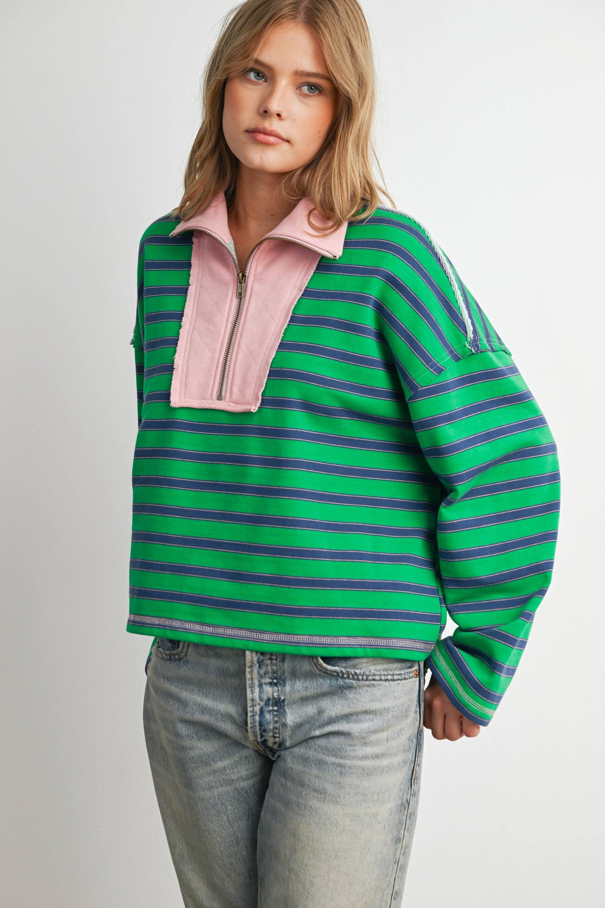 BUTTERMELON - Striped Half Zip Contrast Collar Sweatshirt-BMT8722