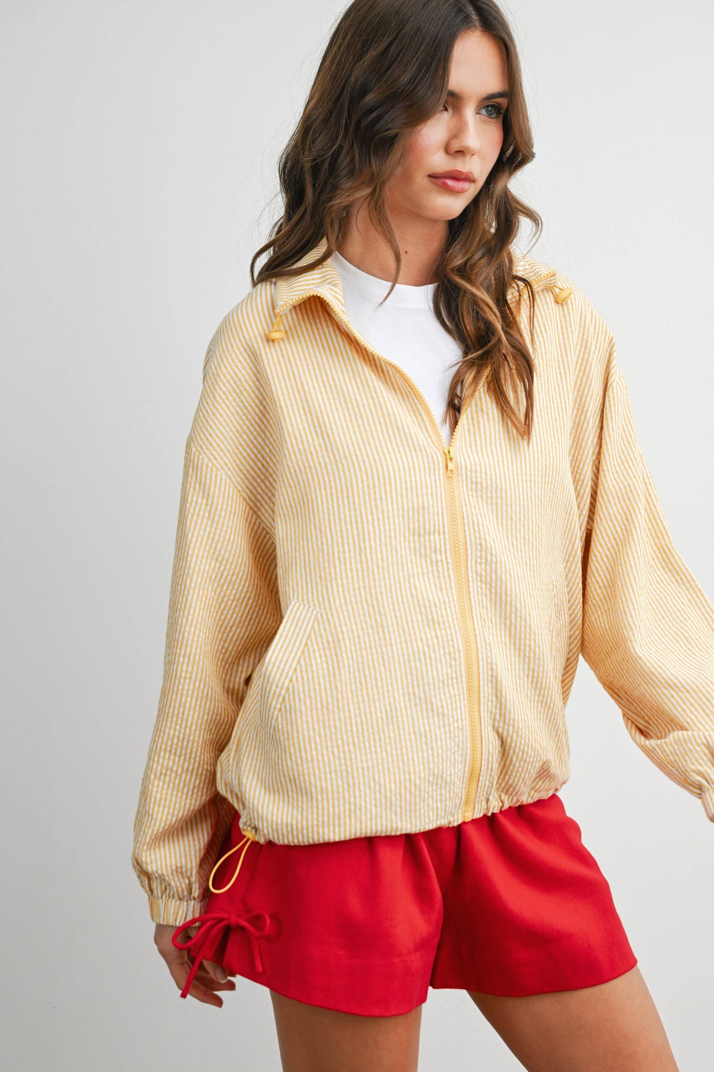 BUTTERMELON - Striped Collared Zip-Front Drawstring Jacket - BMJ7991: BROWN MULTI / M