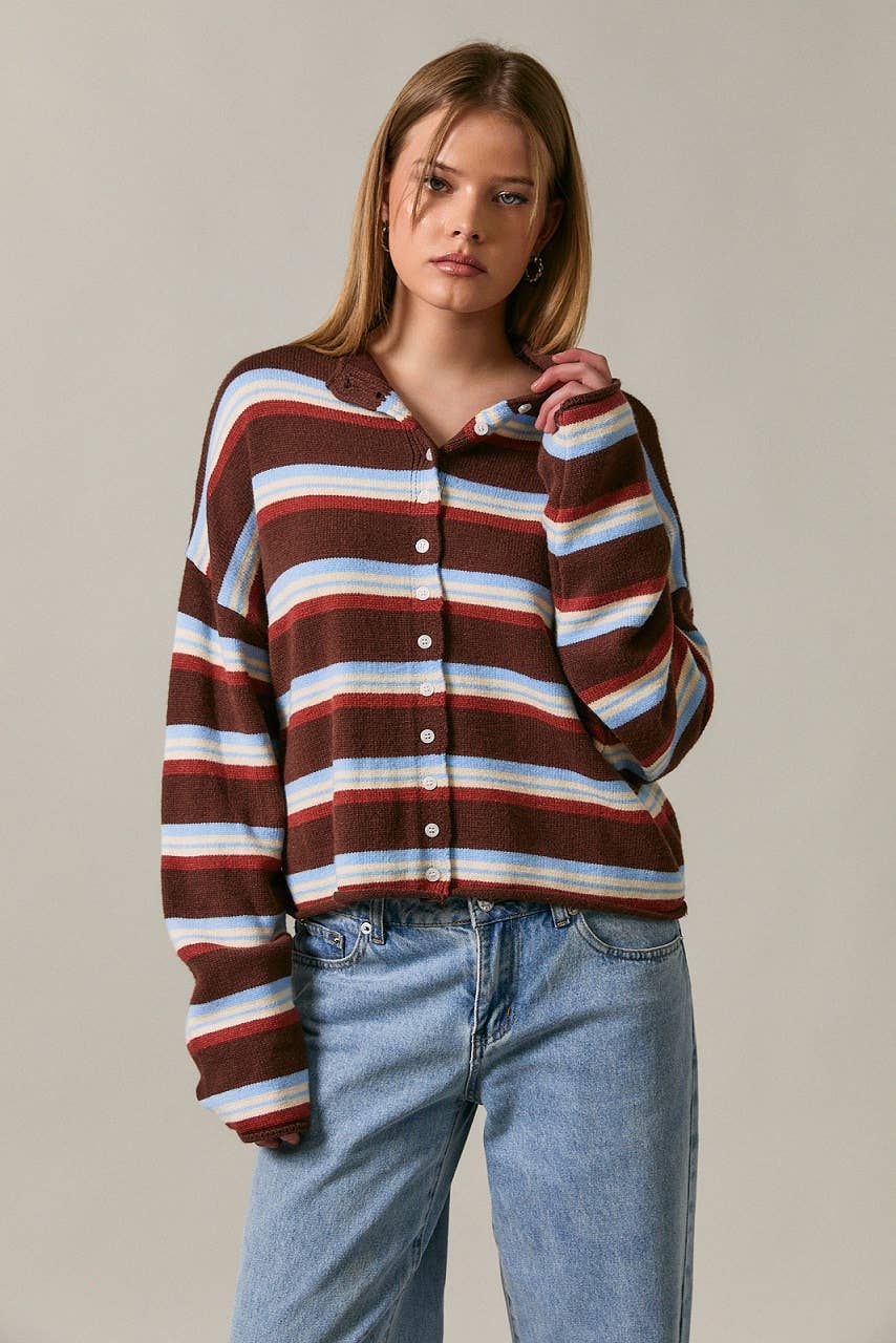 LE LIS - ROLL HEM BUTTONS DETAIL STRIPED CARDIGAN