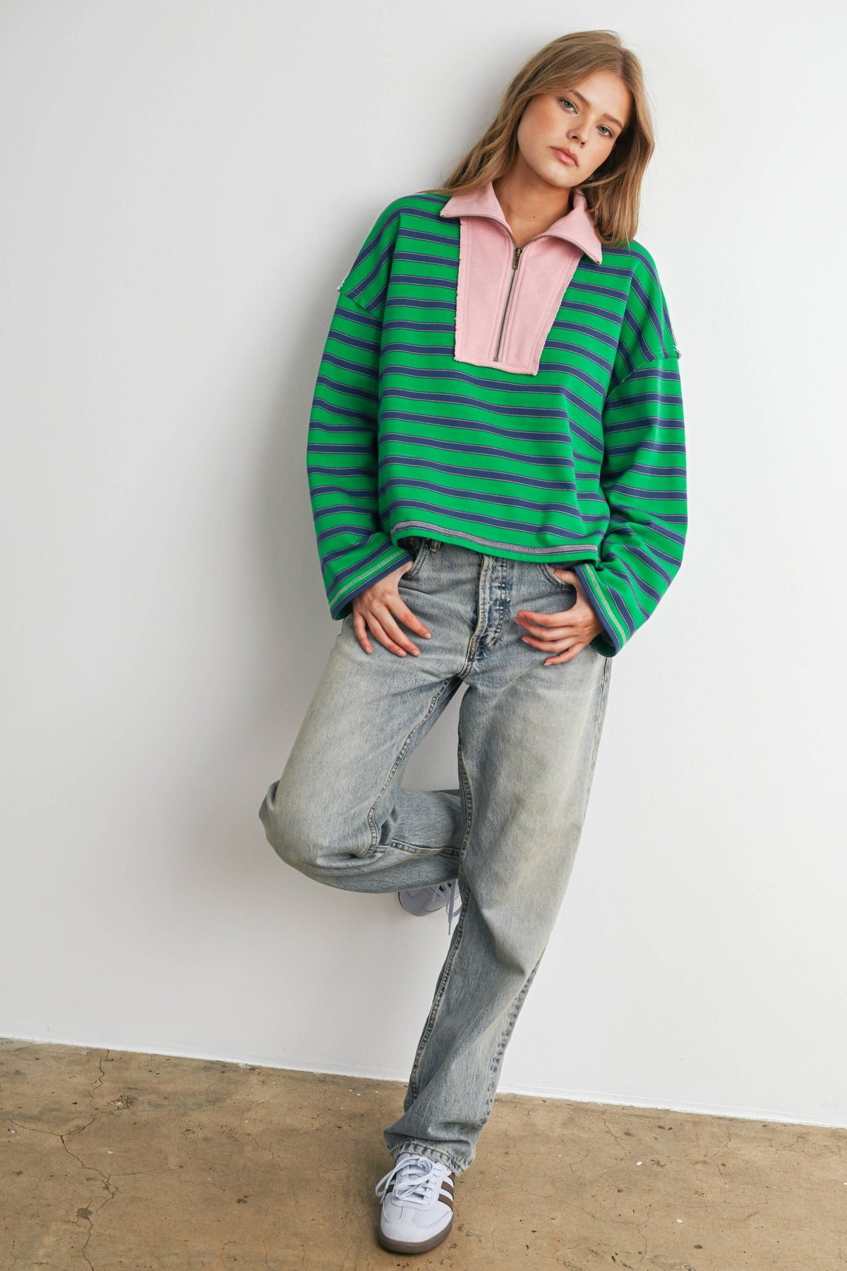 BUTTERMELON - Striped Half Zip Contrast Collar Sweatshirt-BMT8722