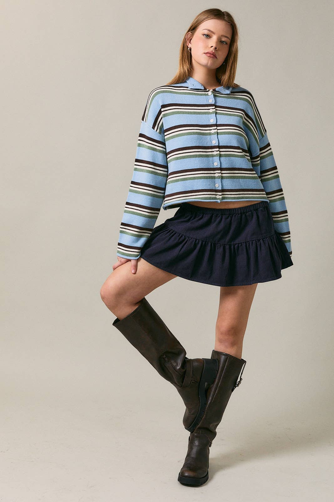 LE LIS - ROLL HEM BUTTONS DETAIL STRIPED CARDIGAN