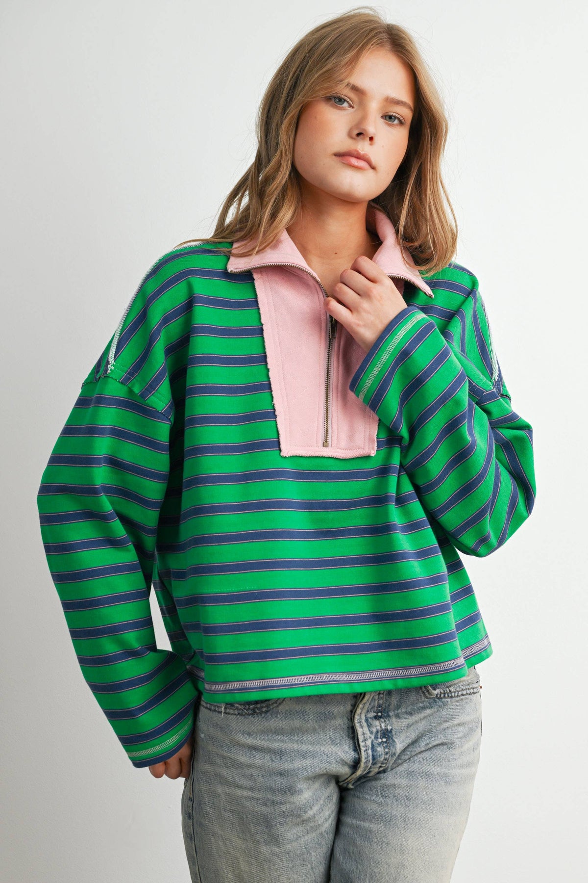 BUTTERMELON - Striped Half Zip Contrast Collar Sweatshirt-BMT8722