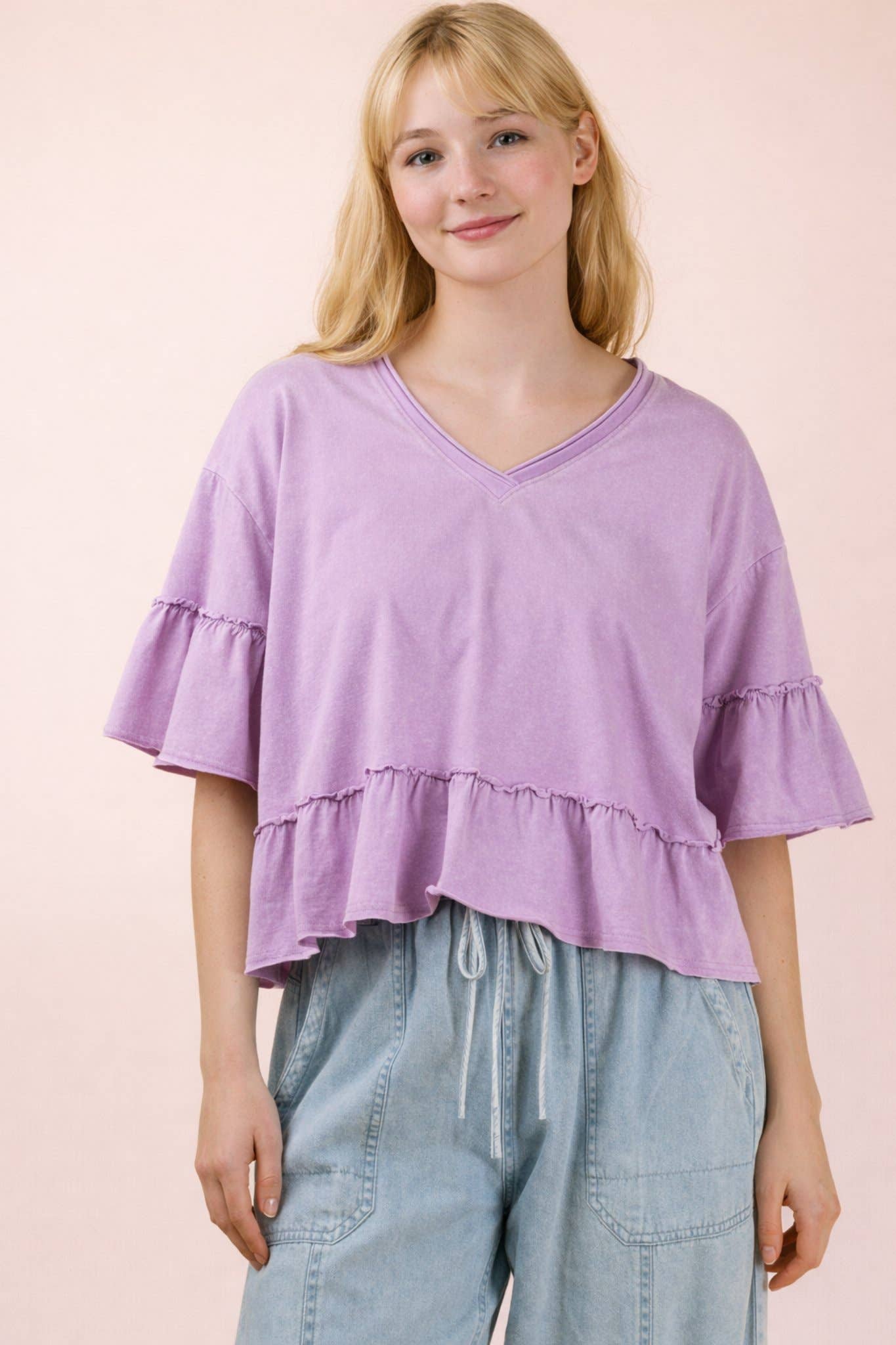 Mineral Washed Ruffle Detail Knit Top