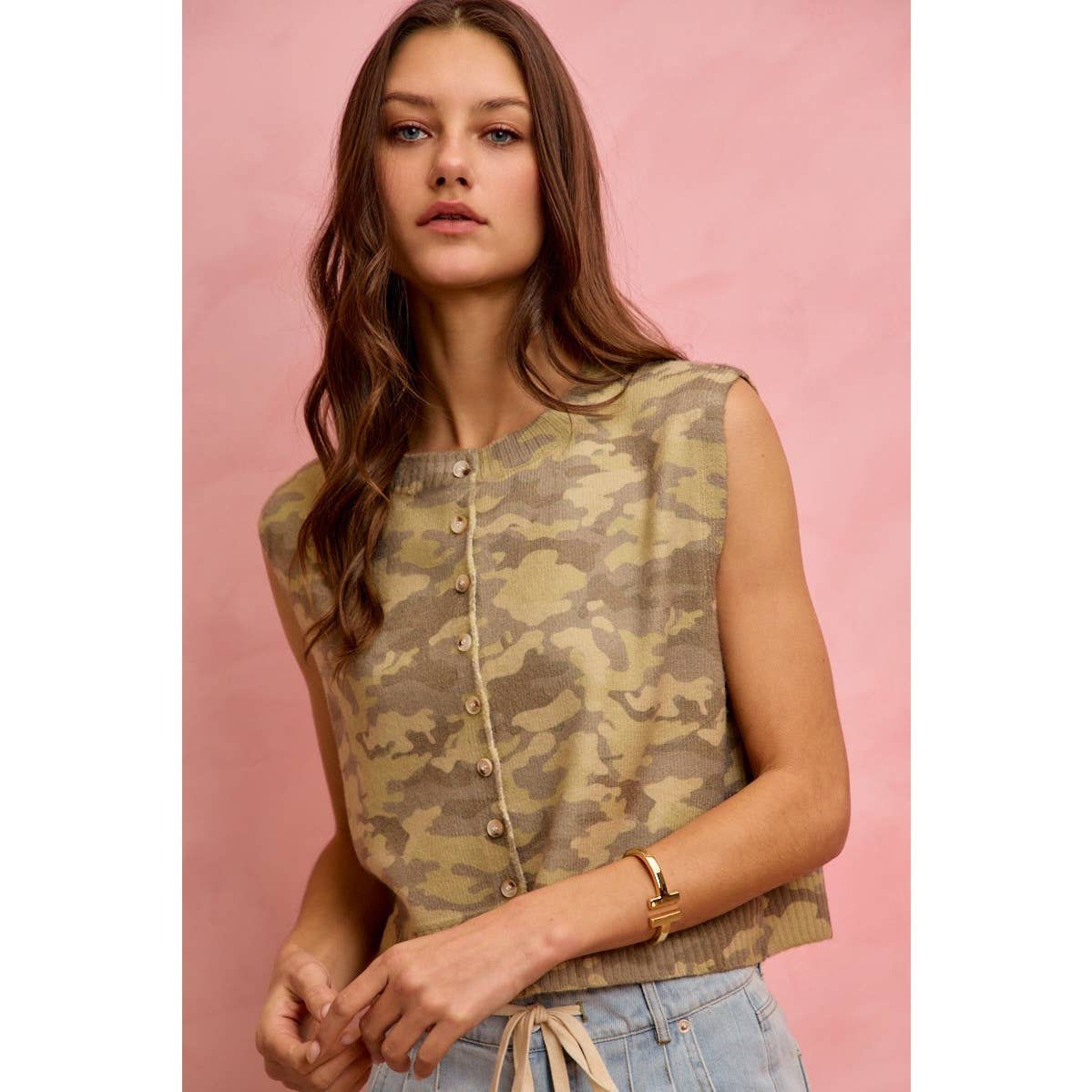 Camouflage Print Button Down Sweater Vest Top
