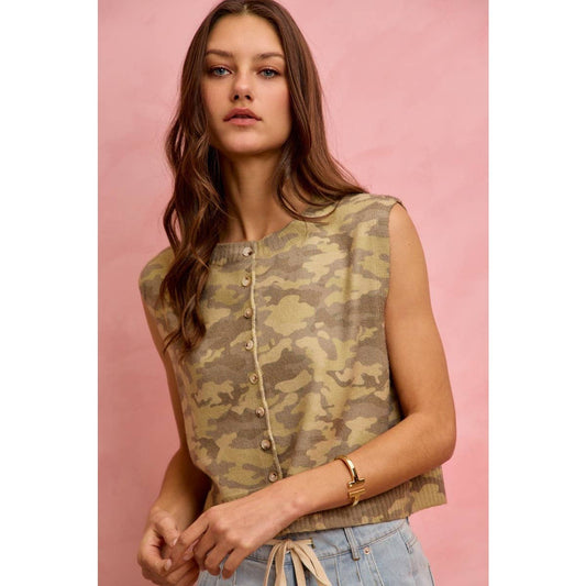 Camouflage Print Button Down Sweater Vest Top