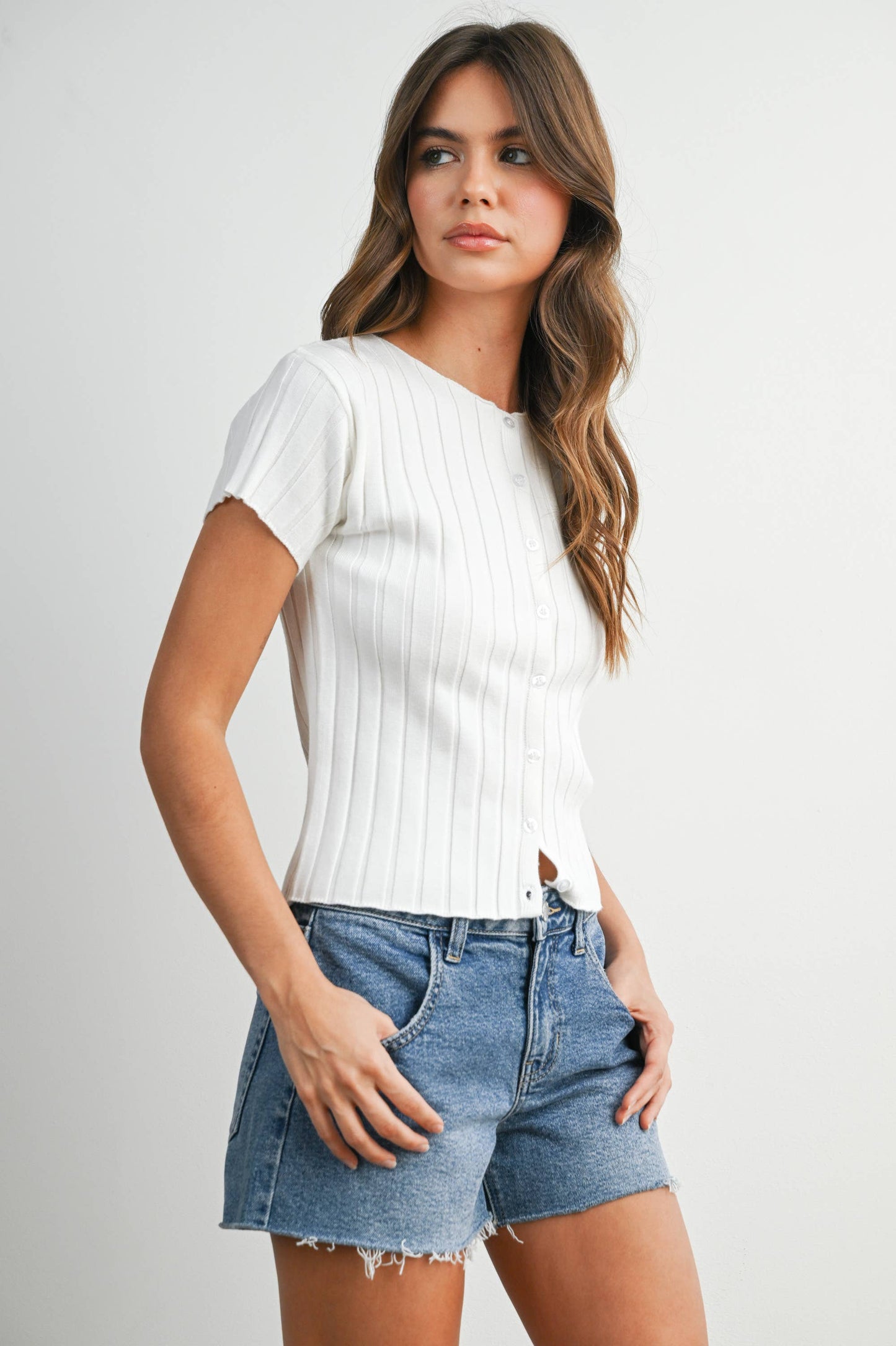 Ribbed Short Sleeve Buttoned Top