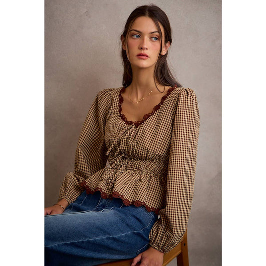 GINGHAM CHECK LACE TRIM RUCHED BODICE BLOUSE TOP