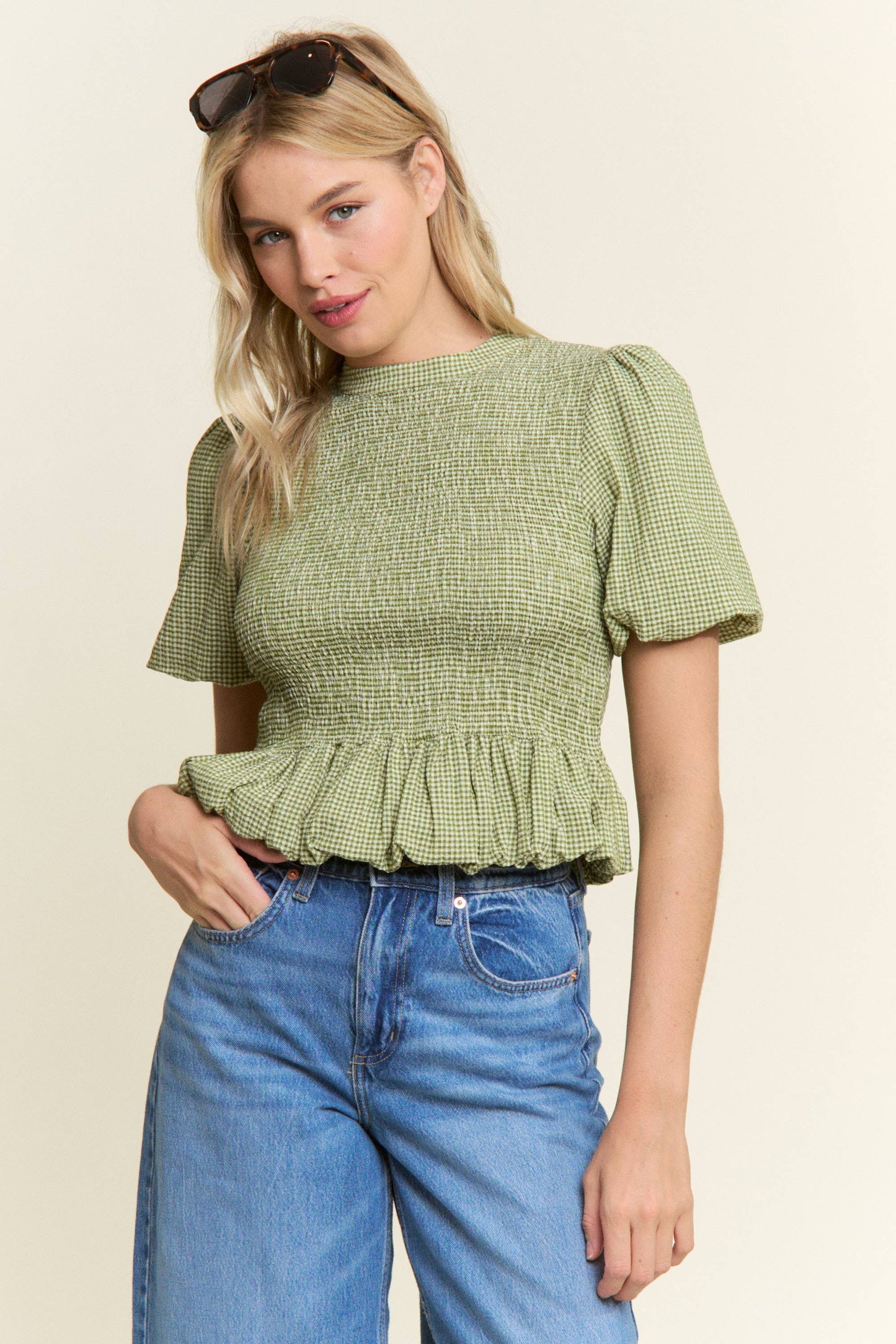 CANDESCENT - Smocked Gingham Ruffle Top