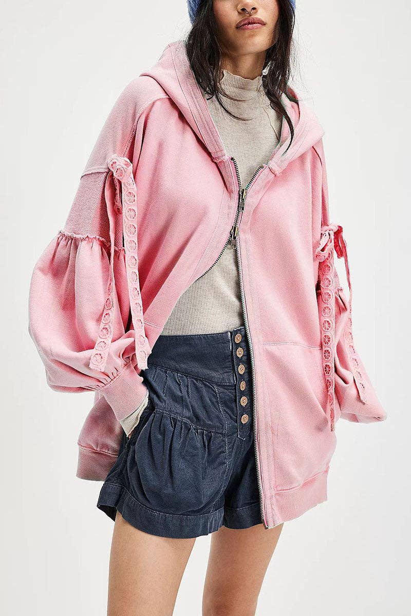 Mccolin - Tie-Sleeve Puff Zip-Up Hoodie