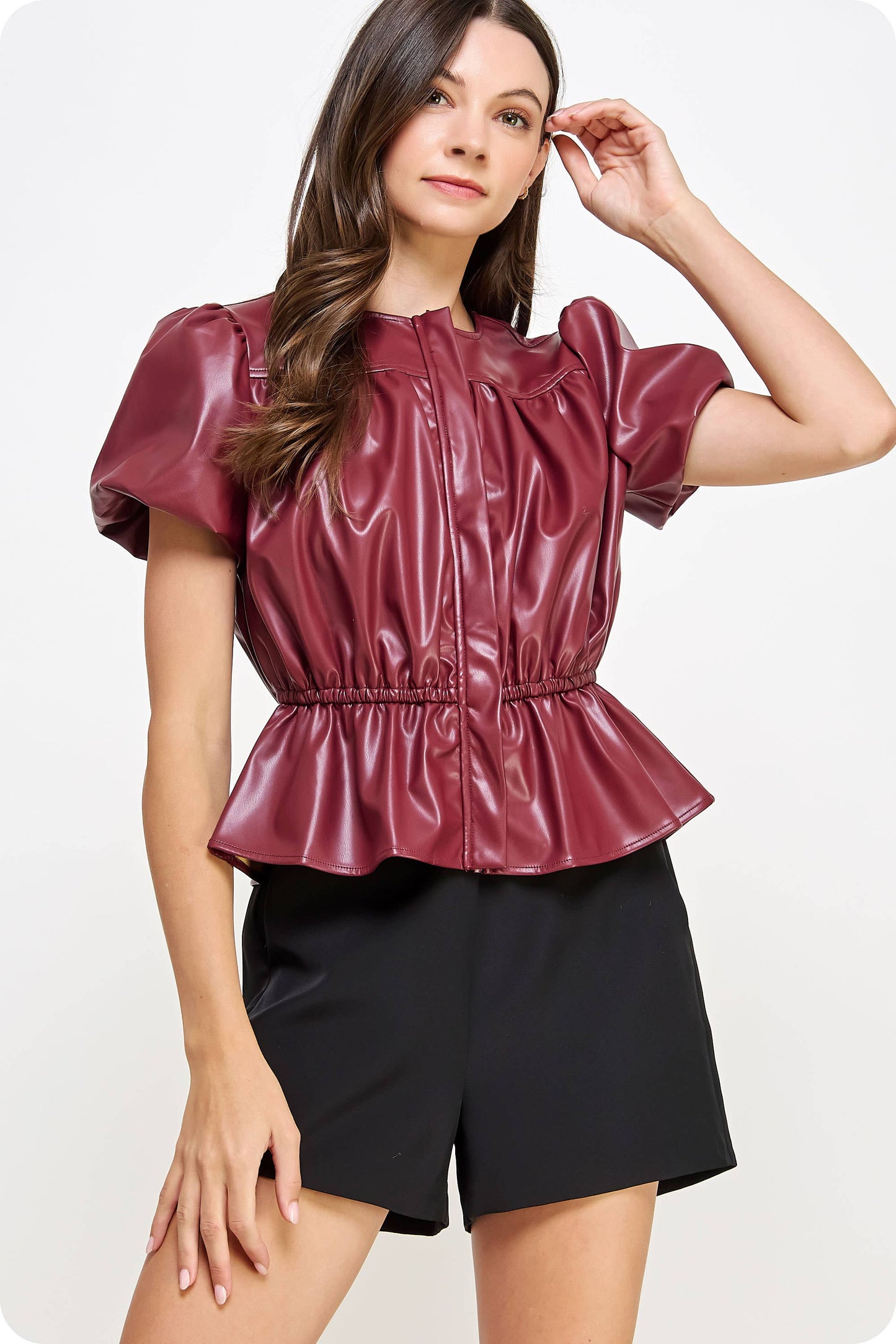 Faux Leather Puff Sleeve Top