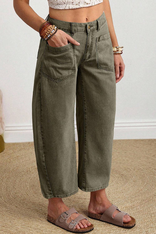 Solid Square Patch Pocket Ankle-length Barrel Jeans