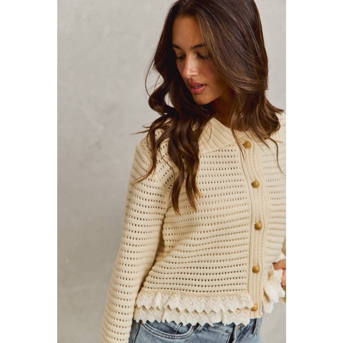 IVE - Textured Button Down Sweater Collared Cardigan