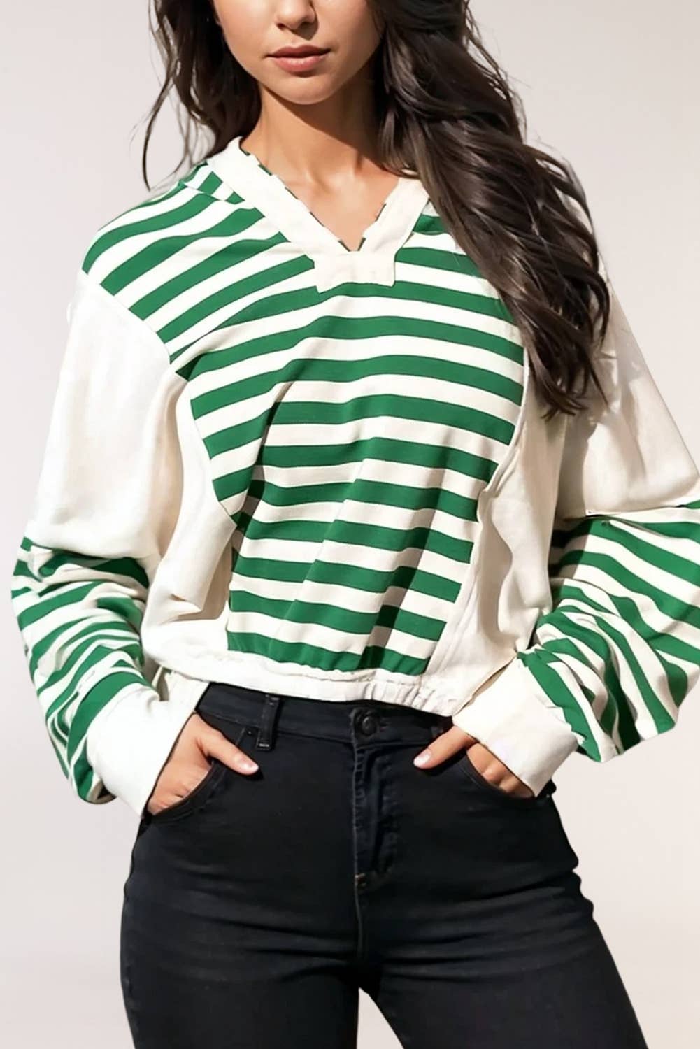 Stripe Colorblock Collared V Neck Cropped Knit Pullover