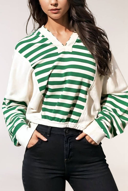 Stripe Colorblock Collared V Neck Cropped Knit Pullover